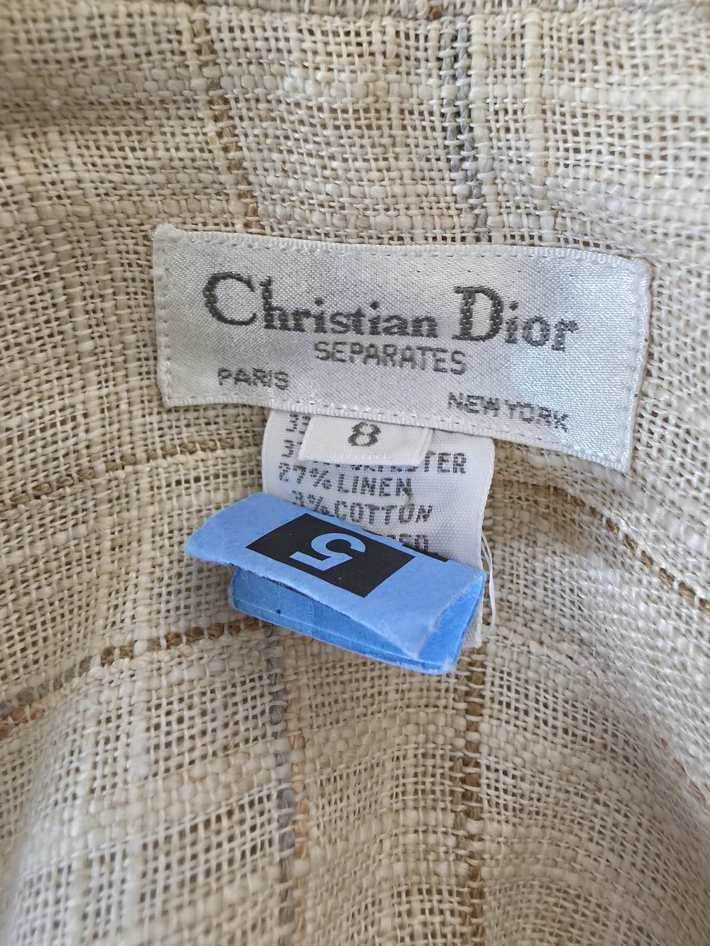 Vintage Christian Dior Separates Plaid Linen Blend Blazer Jacket Cream Beige - 8